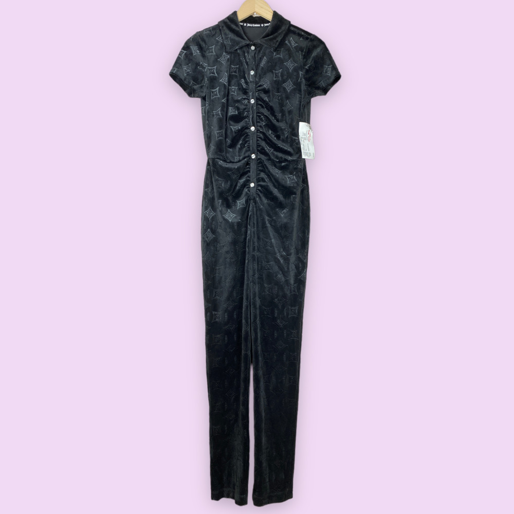 NWT Juicy Couture Sz S Embossed Velour Button Up Collared Jumpsuit